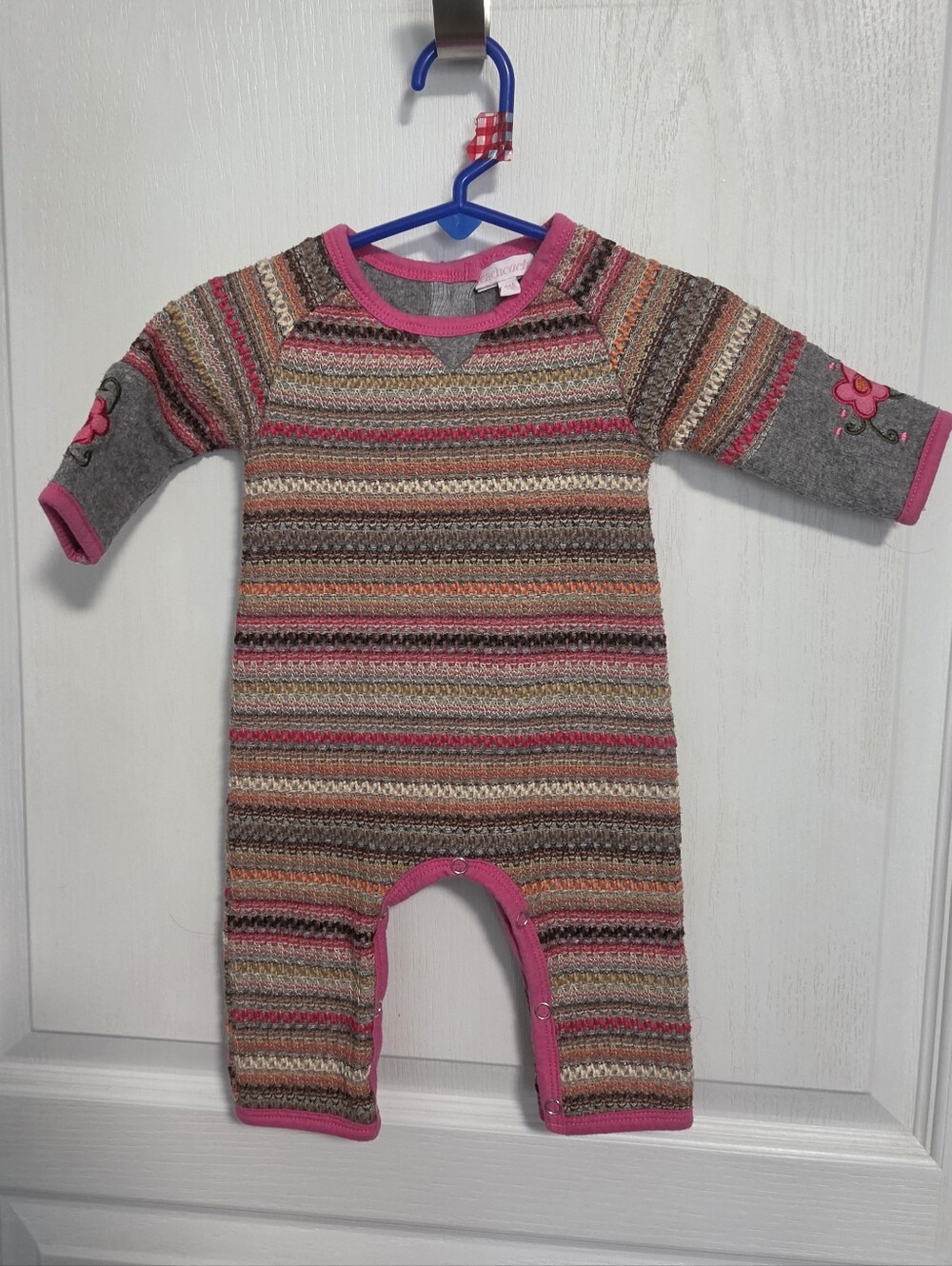 Cachcach One Piece Romper Multicolor Stripes Pink Gray Winter Snap Girls 3 mos